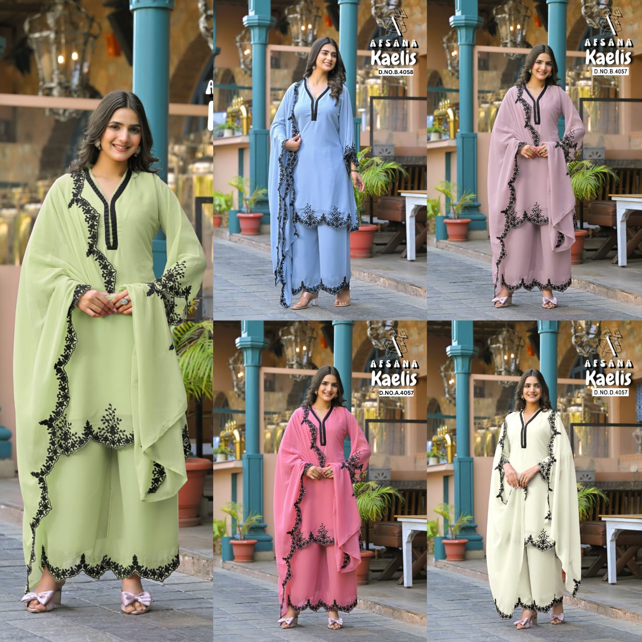 Kaelis Afsana Fox Georgette Readymade Plazzo Style Suits Exporter India