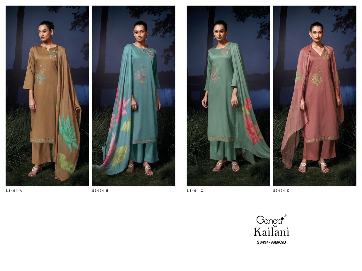Kailani 3494 Ganga Cotton Satin Plazzo Style Suits Wholesaler Ahmedabad
