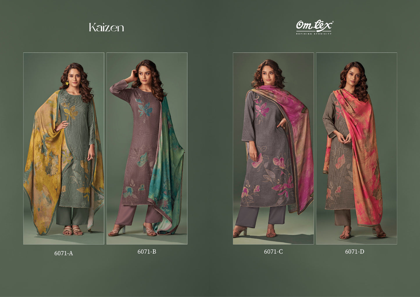 Kaizen 6071 Omtex Kashmeree Checks Pashmina Suits Supplier