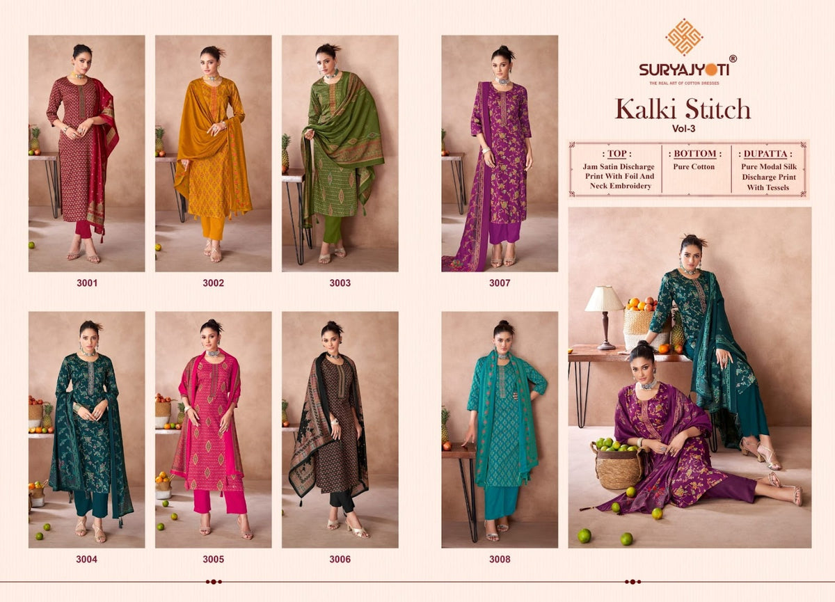 Kalki Stitch Vol 3 Suryajyoti Jaam Satin Readymade Pant Style Suits Wholesale Price