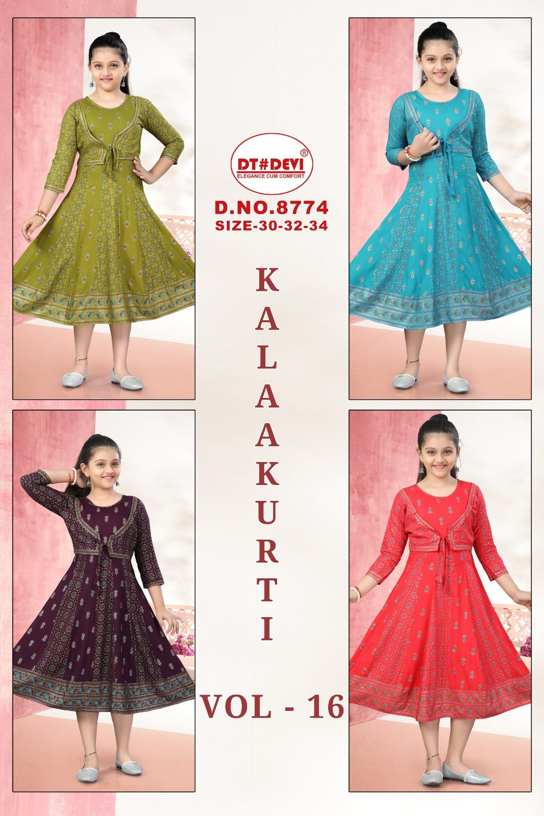 Kalla Vol 16 8774 Dt Devi Rayon Girls Anarkali Kurti Wholesaler Gujarat