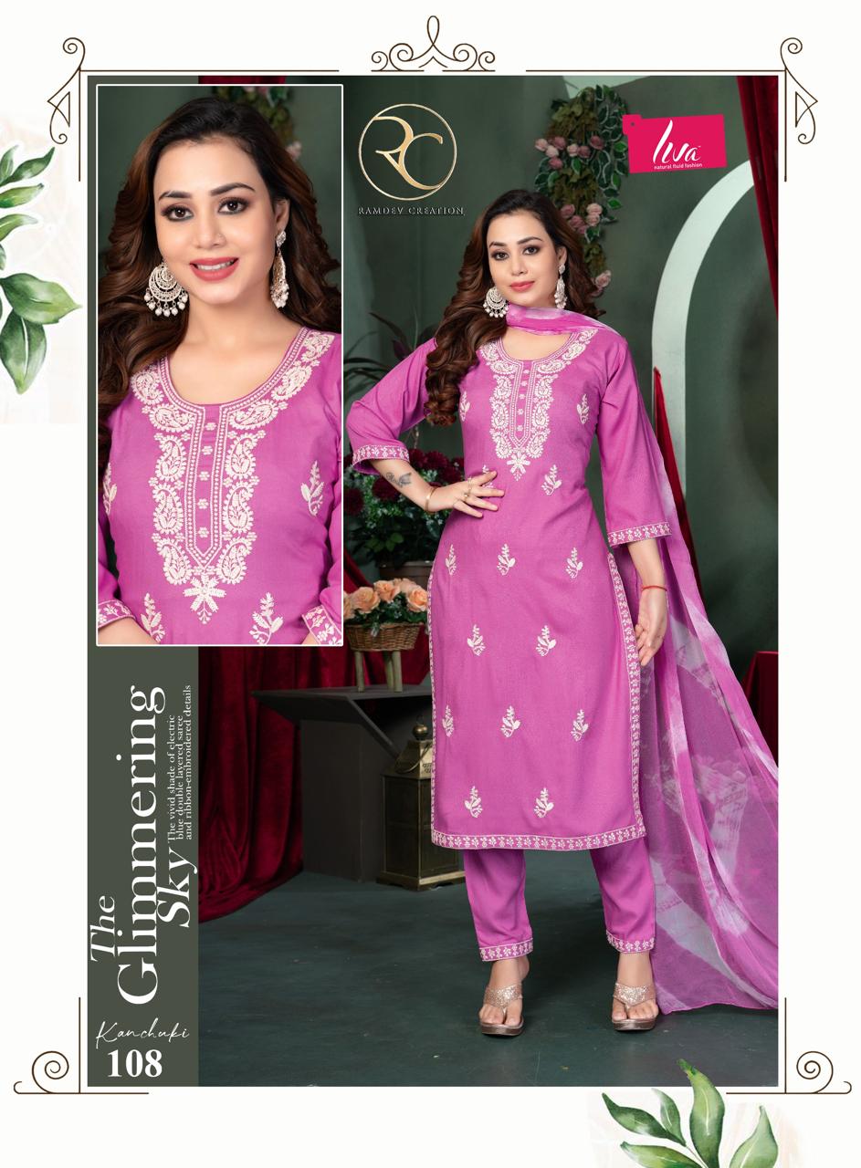 Kanchuki Vol 2 Ramdev Creation Liva Rayon Readymade Pant Style Suits Wholesaler Gujarat