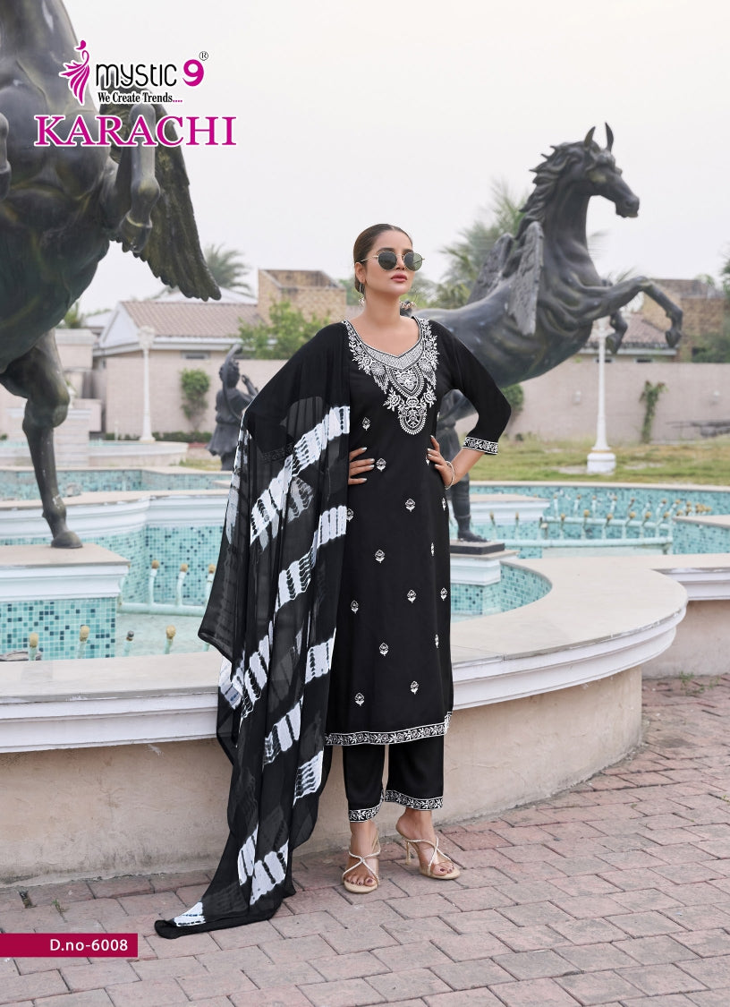 Karachi Vol 6 Mystic 9 Rayon Readymade Pant Style Suits Wholesaler