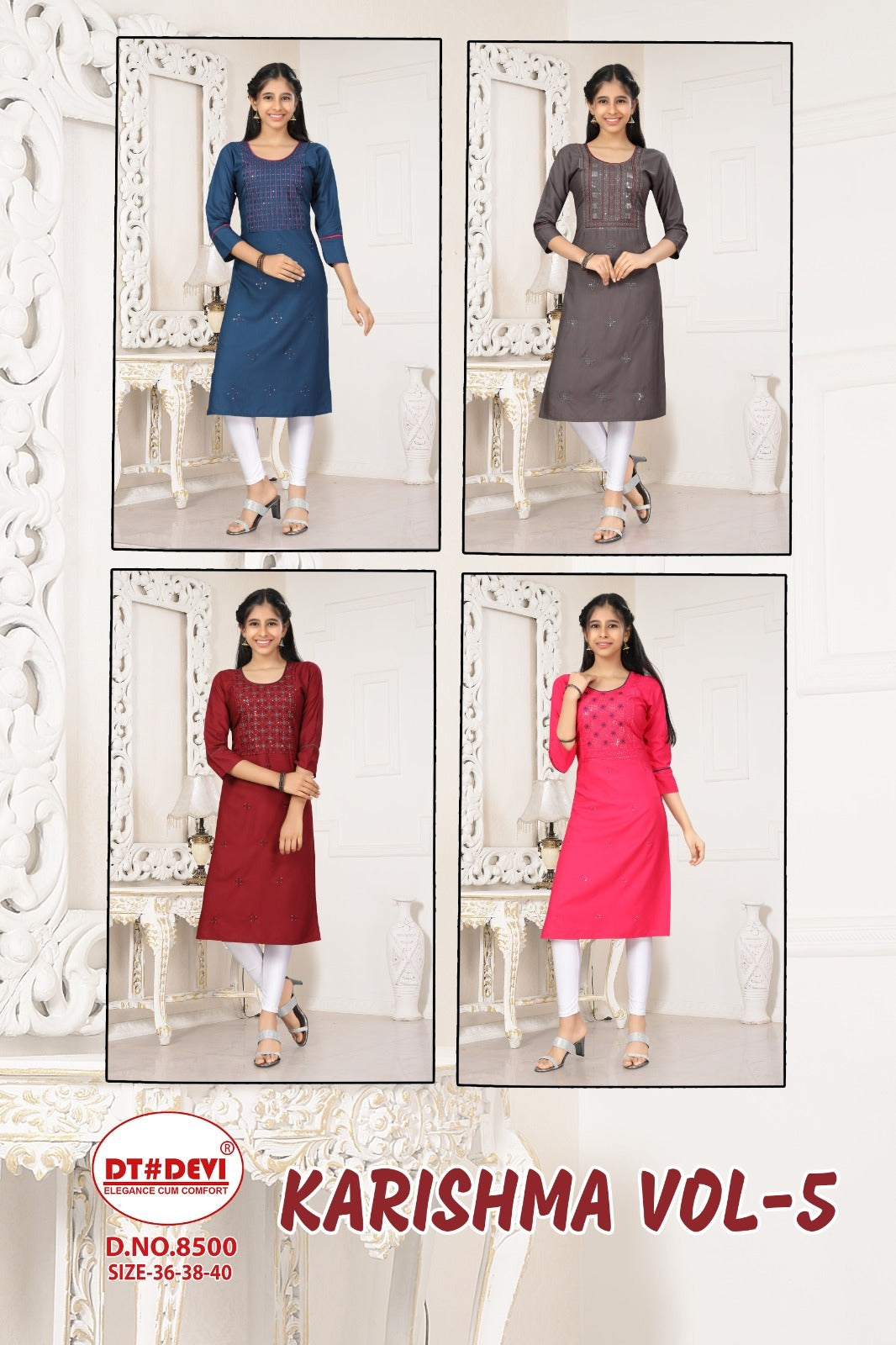 Karishma Vol 5-8500 Dt Devi Rayon 22Kg Knee Length Kurtis Wholesale Rate