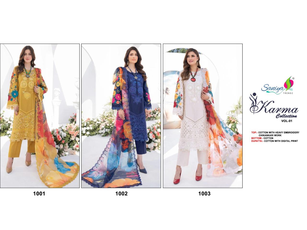 Karma Collection Vol 1-1001-1003 Saniya Trendz Cotton Pakistani Salwar Suits Supplier