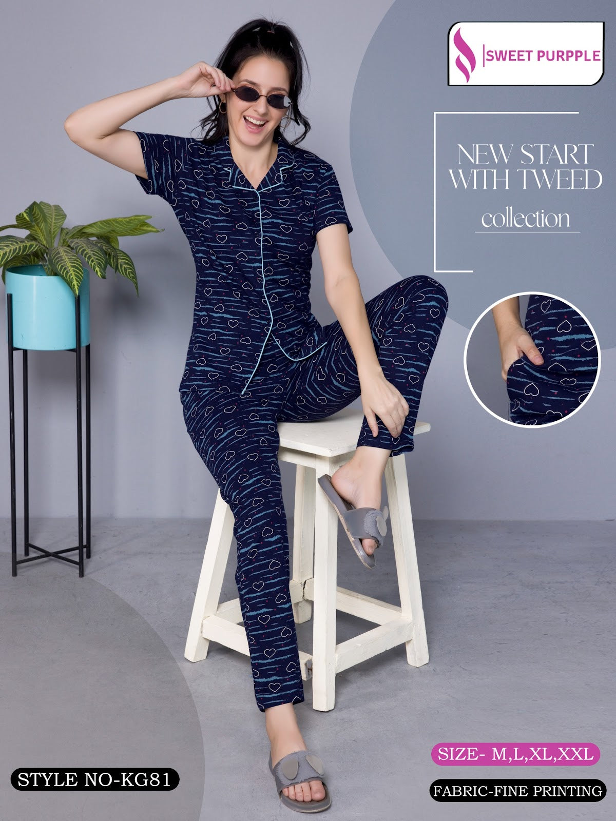 Kg81 Sweet Purple Collar Night Suits Supplier Gujarat