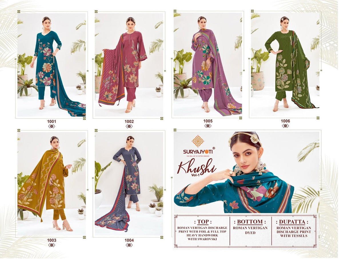 Khushi Vol 1 Suryajyoti Roman Vertigan Pant Style Suits Supplier India