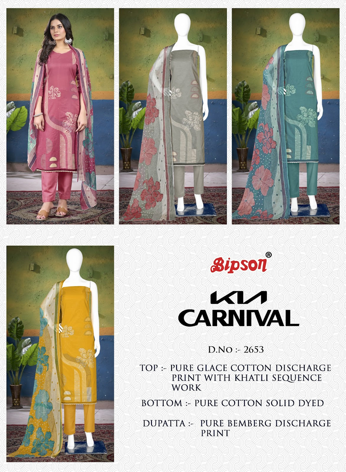 Kia Carnival 2653 Bipson Prints Cotton Pant Style Suits Supplier India