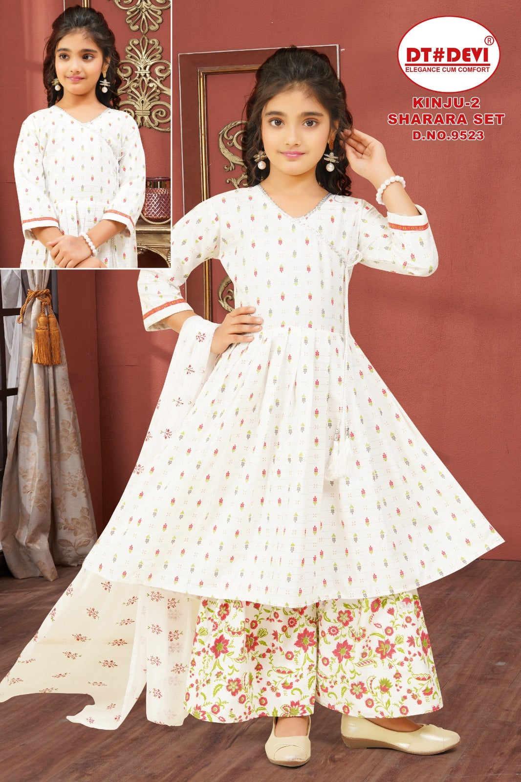Kinju 2 Dn 9523 Dt Devi Cotton Readymade Girls Sharara Suits Wholesale Price