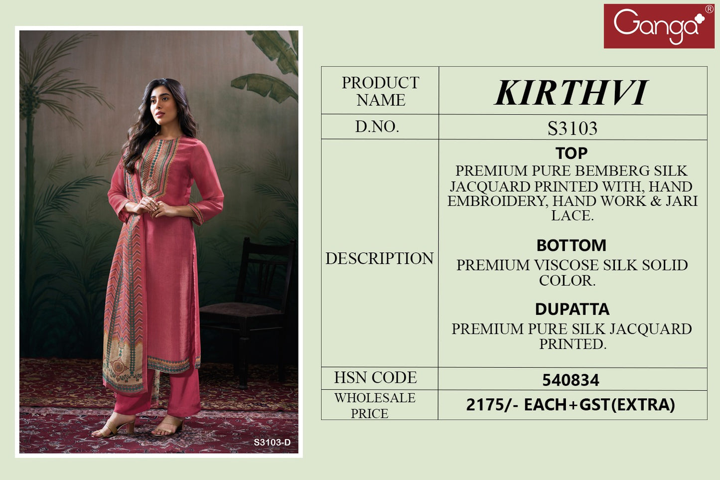 Kirthvi 3103 Ganga Premium Bemberg Plazzo Style Suits Supplier