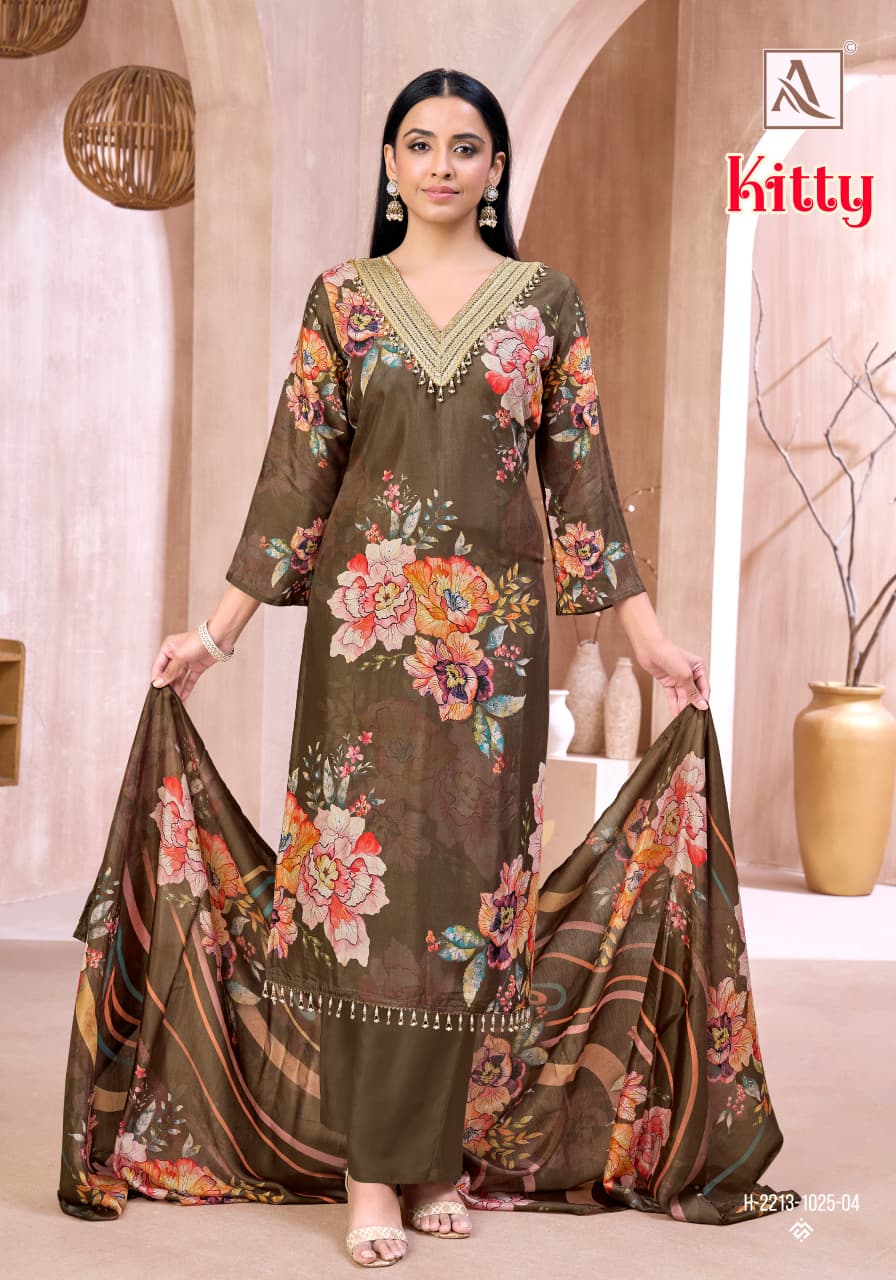 Kitty Alok Viscose Muslin Karachi Salwar Suits Supplier