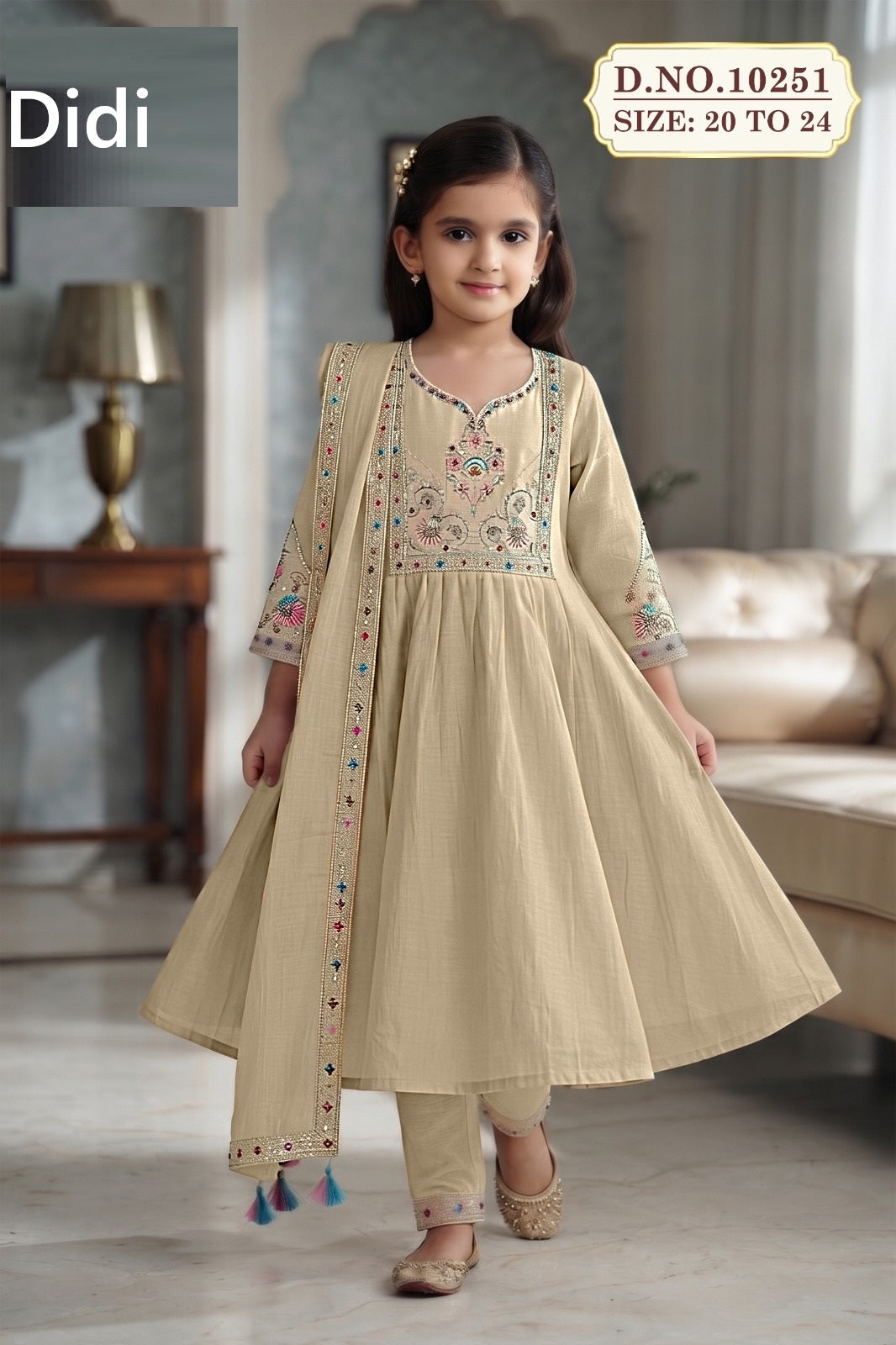 Kreme 1 Dn 10251 Didi Chanderi Girls Readymade Anarkali Suits Manufacturer