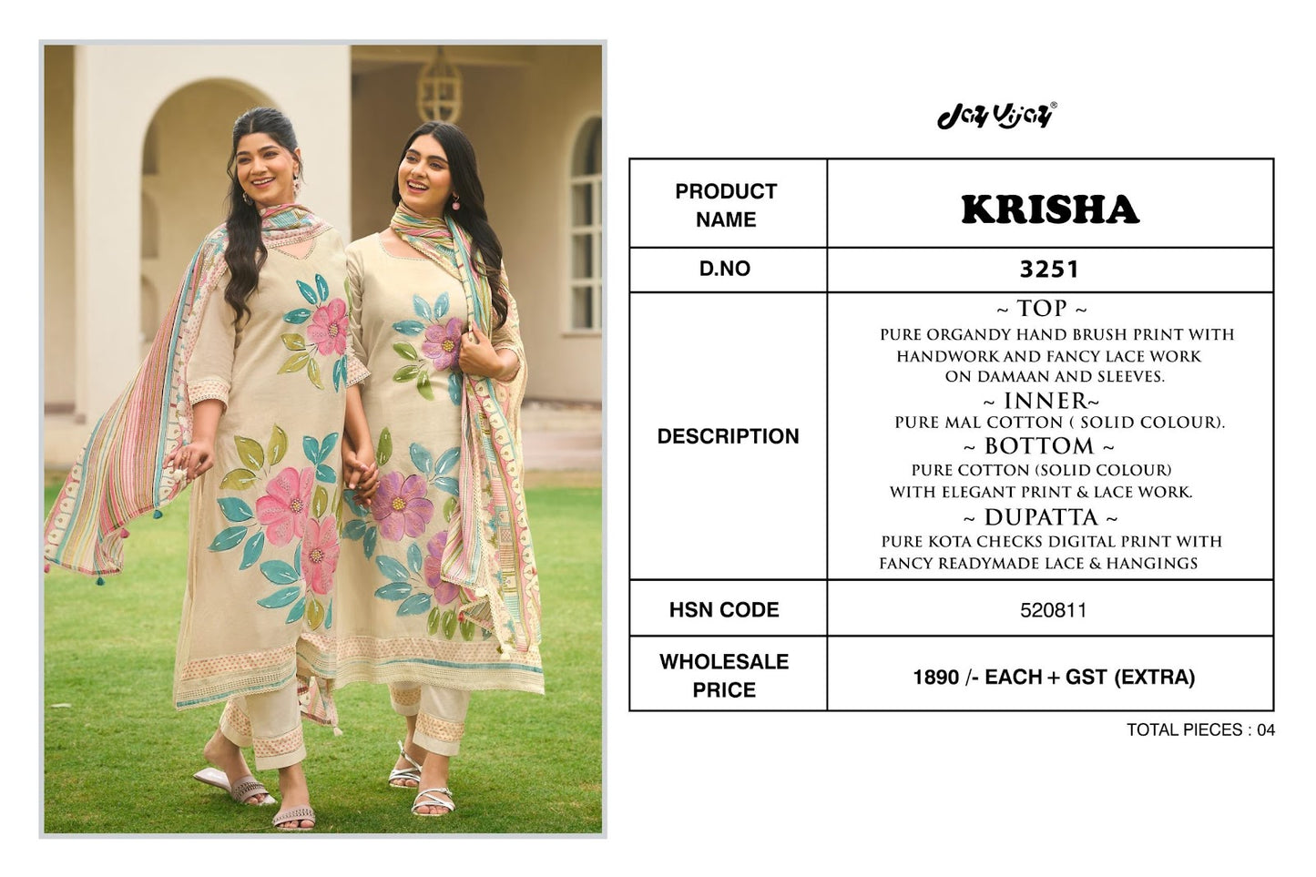 Krisha Jay Vijay Pure Organdy Pant Style Suits Wholesale