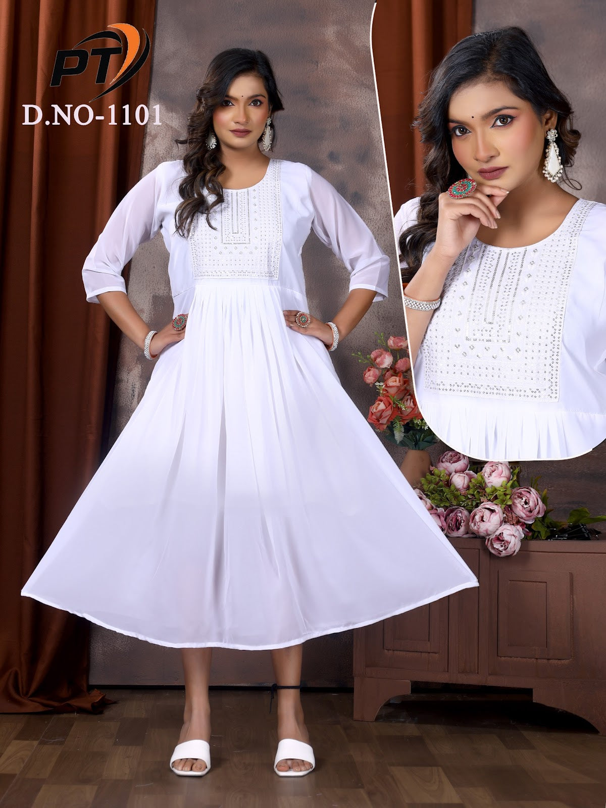 Krishmish White Pt Fox Georgette Anarkali Kurtis Wholesale Price