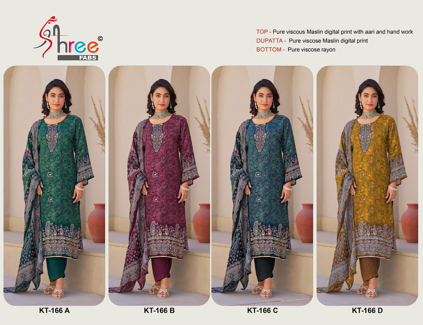 Kt 166 Shree Fabs Viscose Muslin Karachi Salwar Suits Supplier India