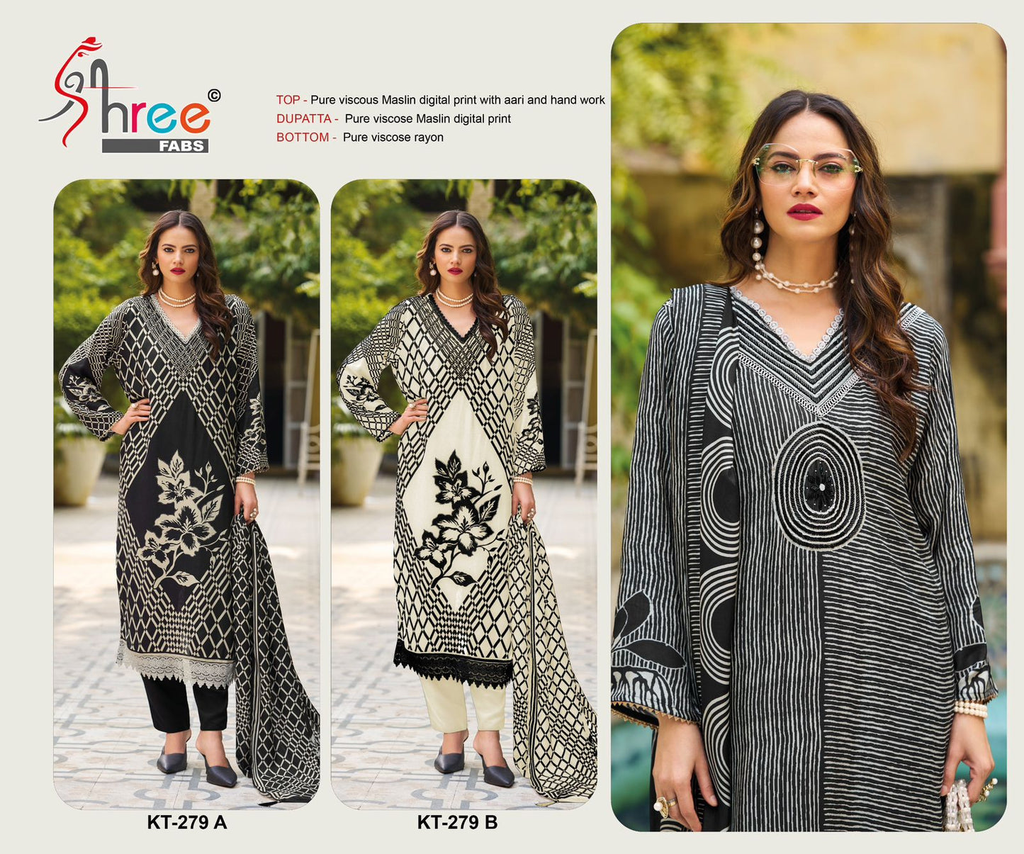 Kt 279 Black-White Shree Fabs Viscose Muslin Karachi Salwar Suits Supplier India