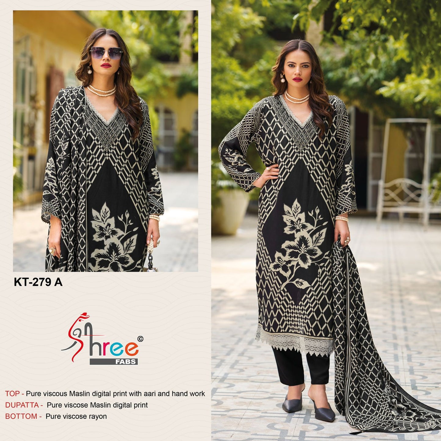 Kt 279 Black-White Shree Fabs Viscose Muslin Karachi Salwar Suits Supplier India