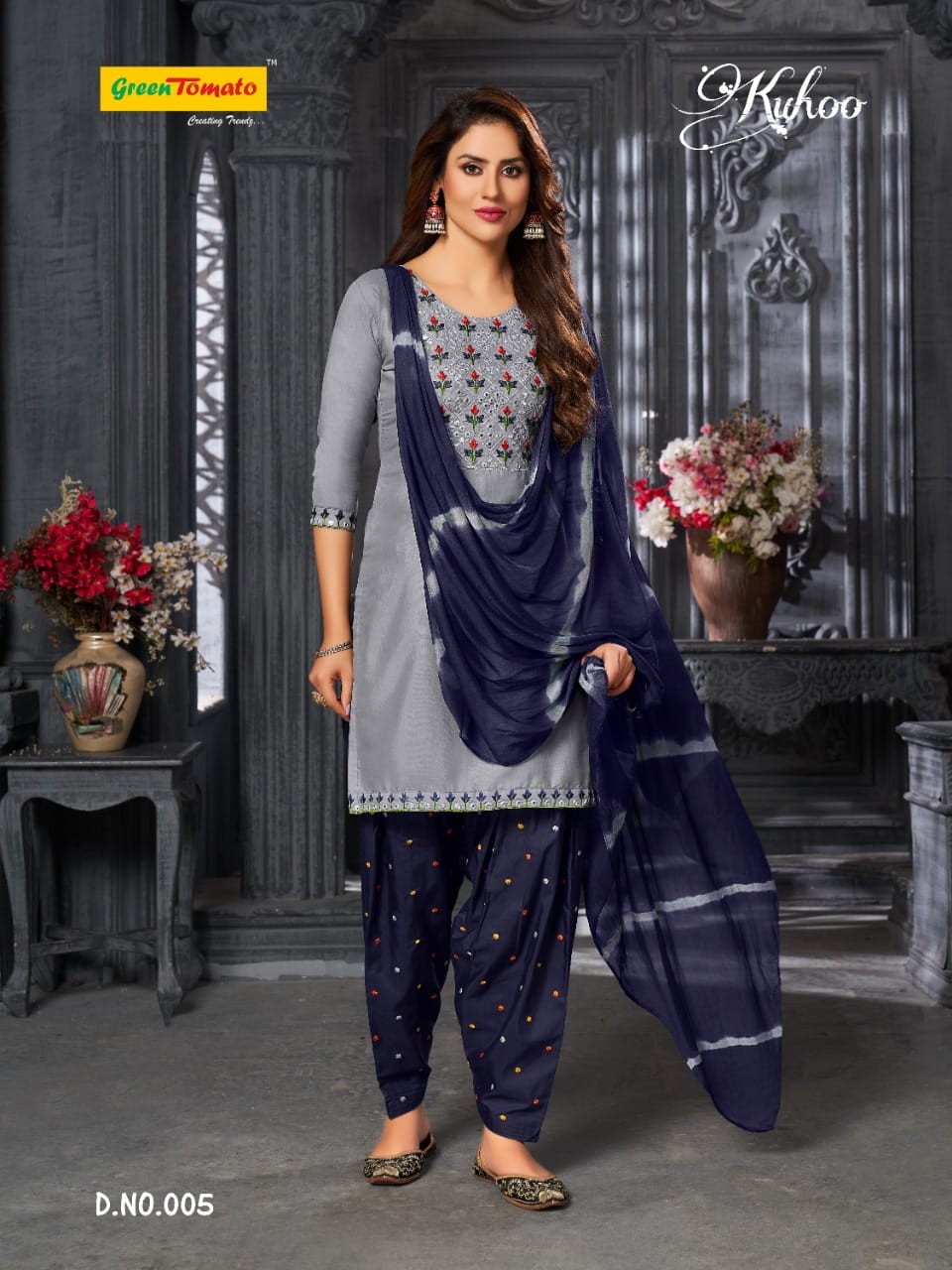 Kuhoo Green Tomato Semi Cotton Readymade Salwar Suits Wholesale