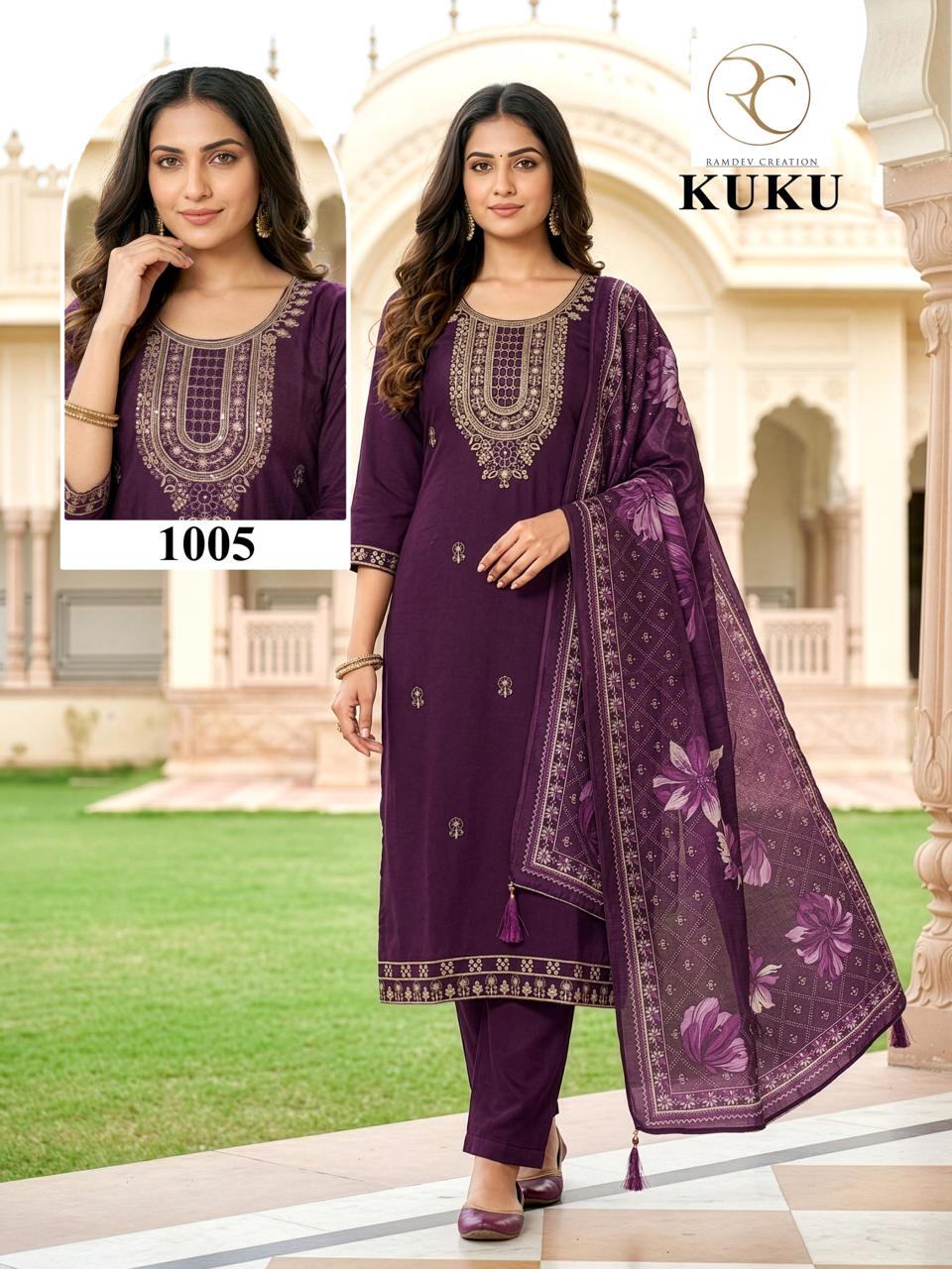 Kuku Ramdev Creation Rayon 14Kg Readymade Pant Style Suits Manufacturer India