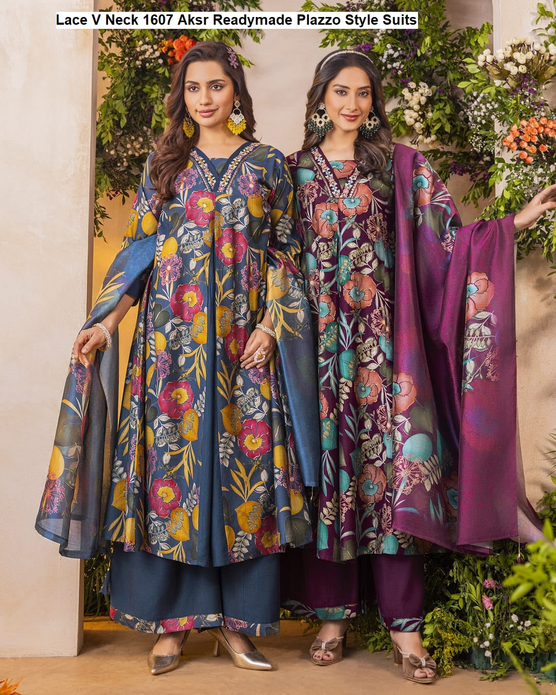 Lace V Neck 1607 Aksr Vatican Silk Readymade Plazzo Style Suits Wholesaler Ahmedabad