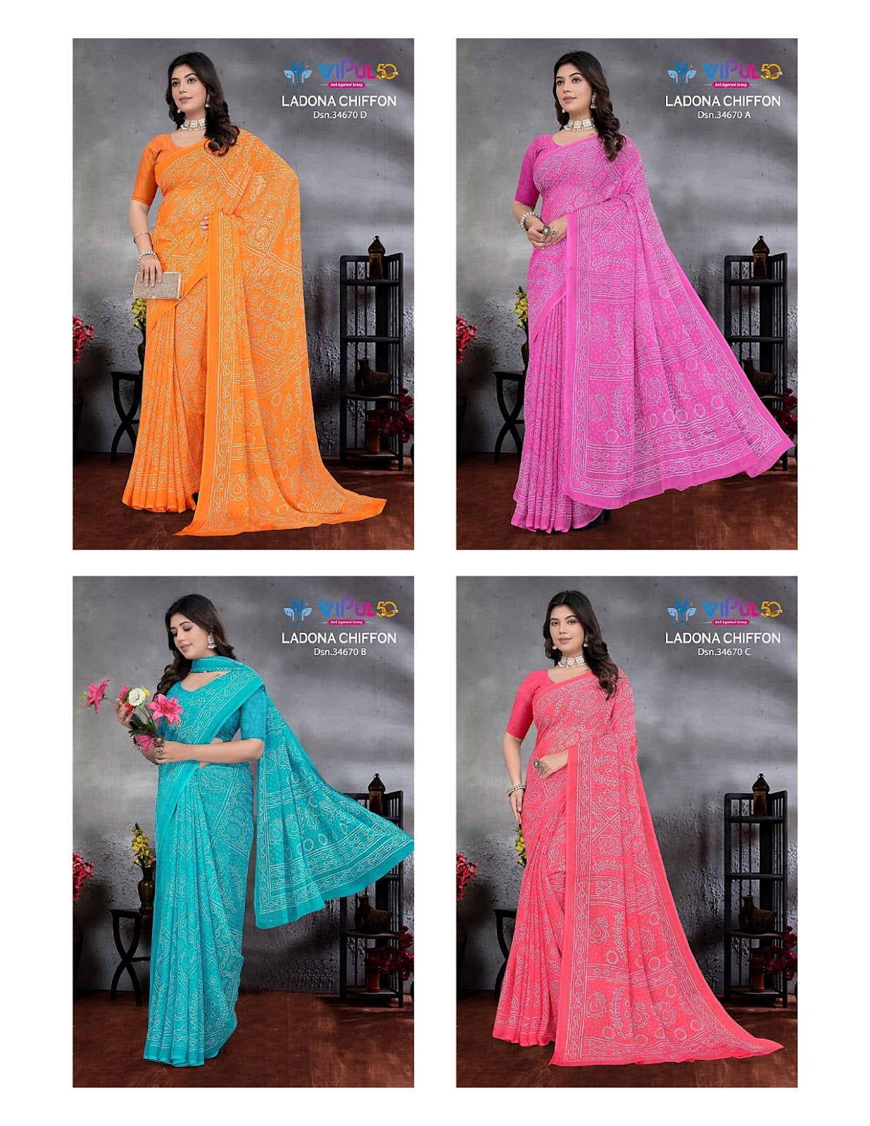 Ladona 34670 Vipul Chiffon Sarees Exporter Ahmedabad