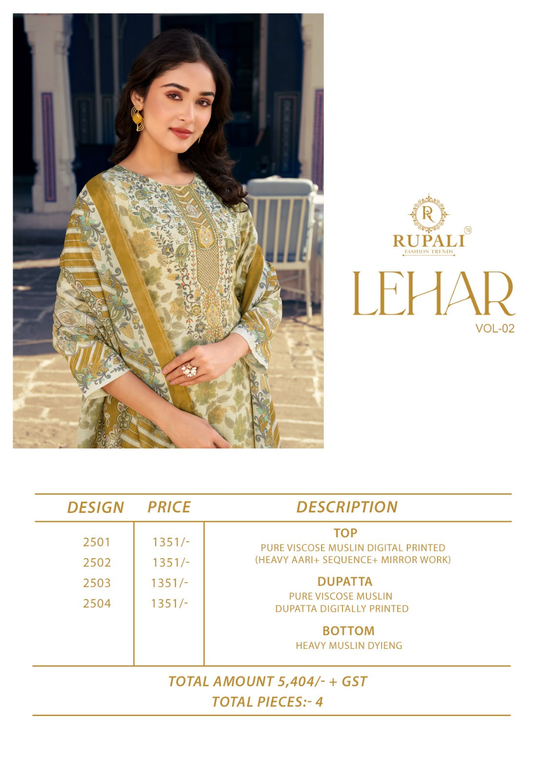 Lehar Vol 2 Rupali Viscose Muslin Karachi Salwar Suits Manufacturer Ahmedabad