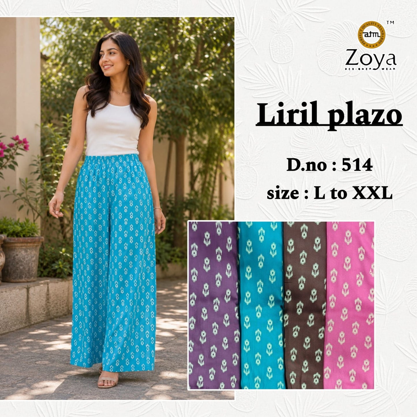 Liril Print 0308 Zoya Rayon Branded Palazzo Manufacturer Gujarat