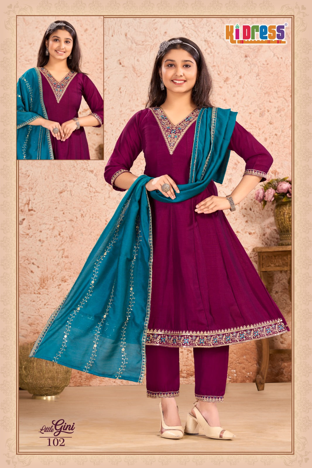 Little Gini Anarkali Aanchi Vichitra Silk Girls Readymade Pant Suits Supplier