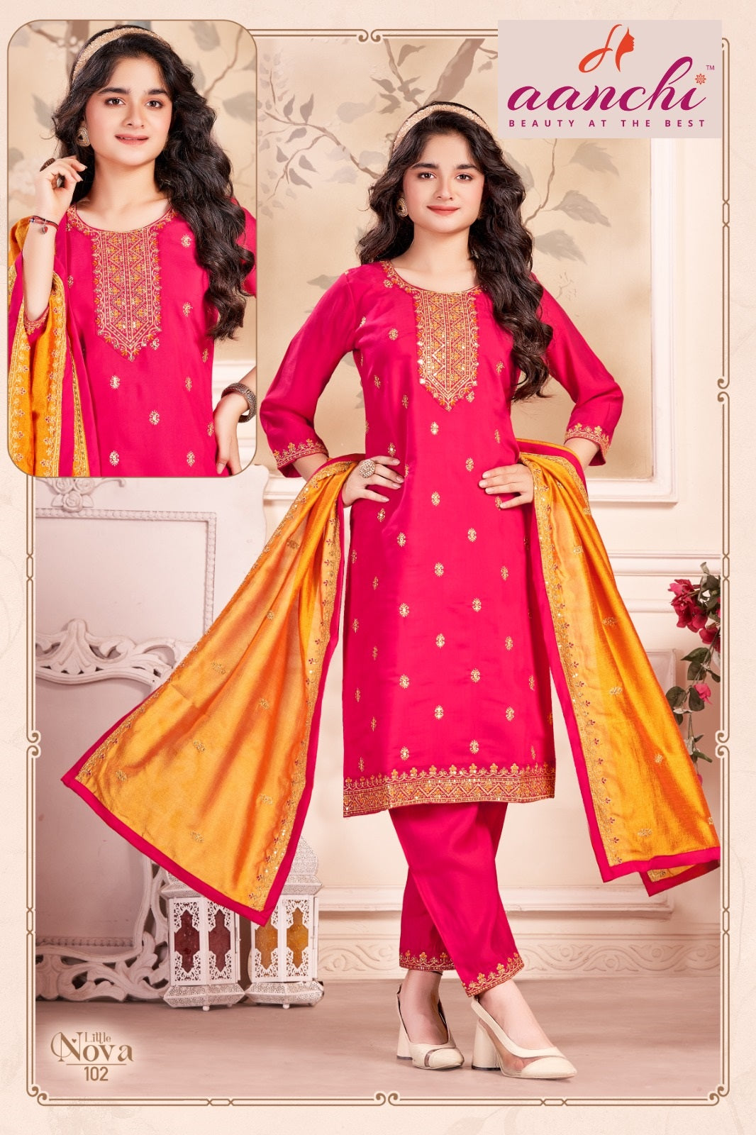 Little Nova Aanchi Roman Silk Girls Readymade Pant Suits Wholesale Price