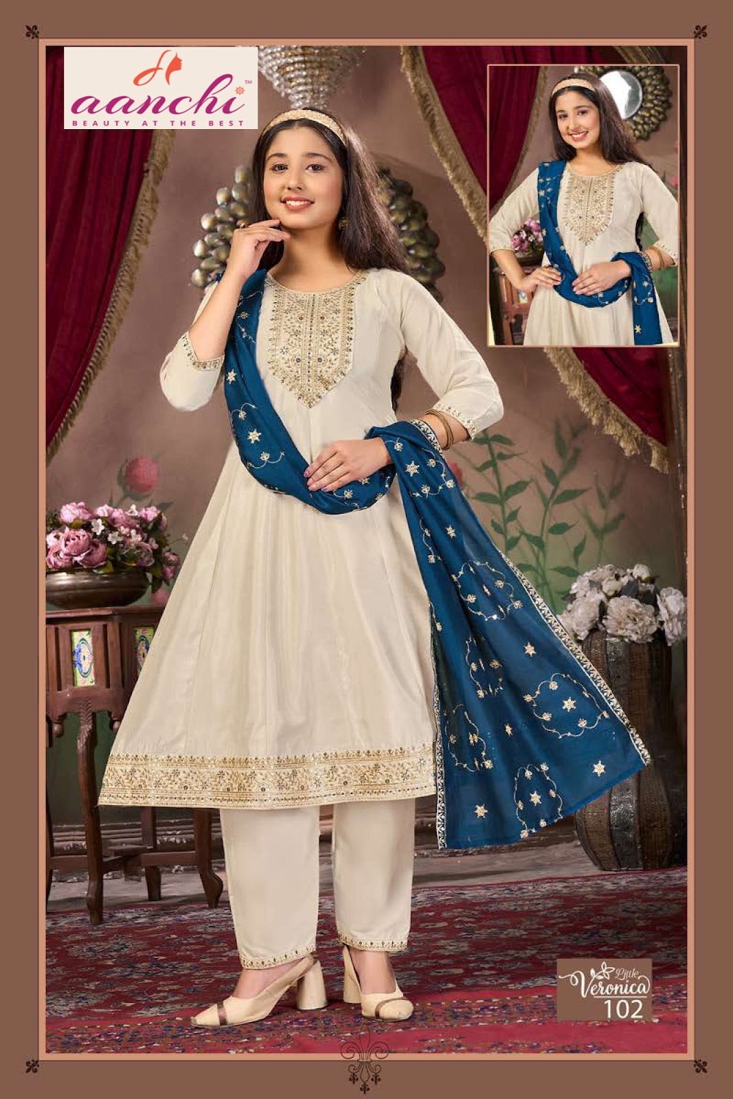Little Veronica Anarkali Aanchi Vichitra Silk Girls Readymade Pant Suits Supplier Ahmedabad