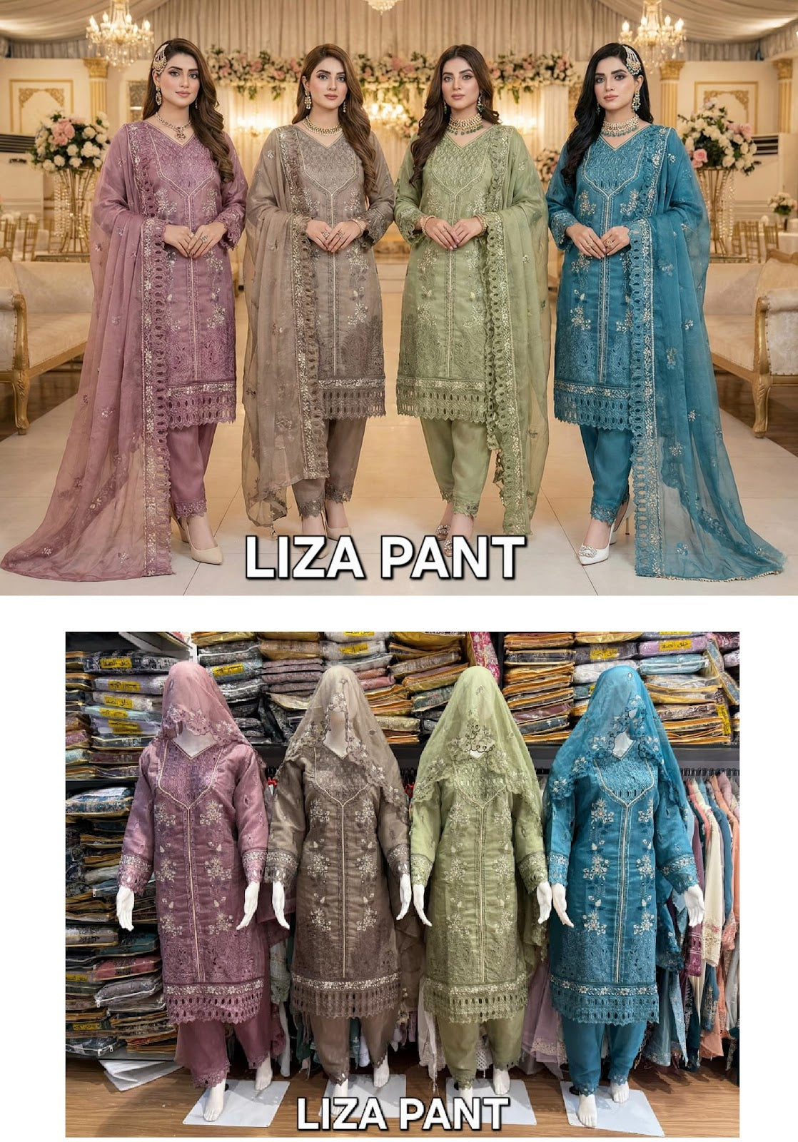 Liza Pant Safa Creation Organza Pakistani Readymade Suits Exporter Gujarat