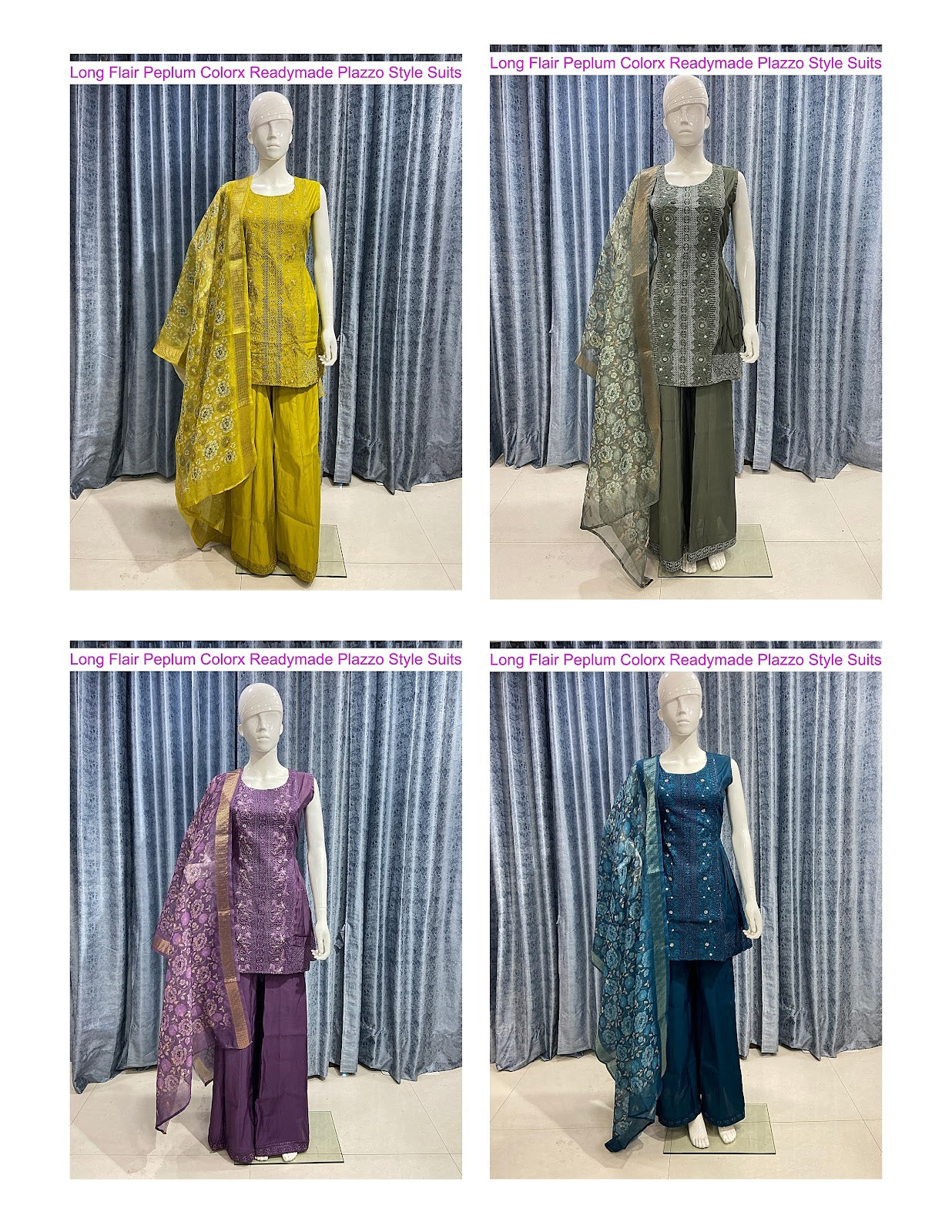 Long Flair Peplum Colorx Roman Silk Readymade Plazzo Style Suits Manufacturer Ahmedabad