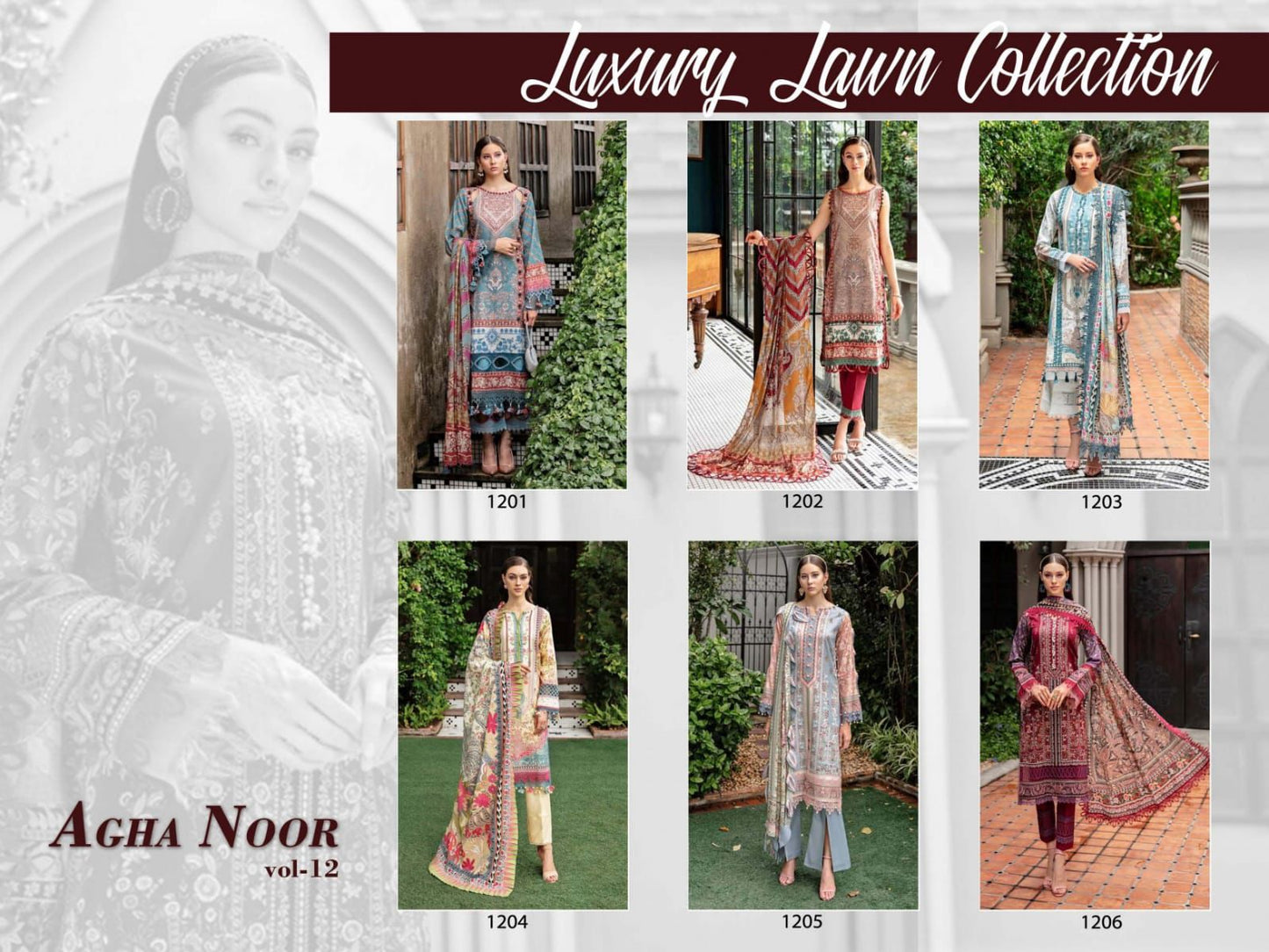 Luxury Lawn Collection Vol 12 Agha Noor Cotton Karachi Salwar Suits Manufacturer Ahmedabad