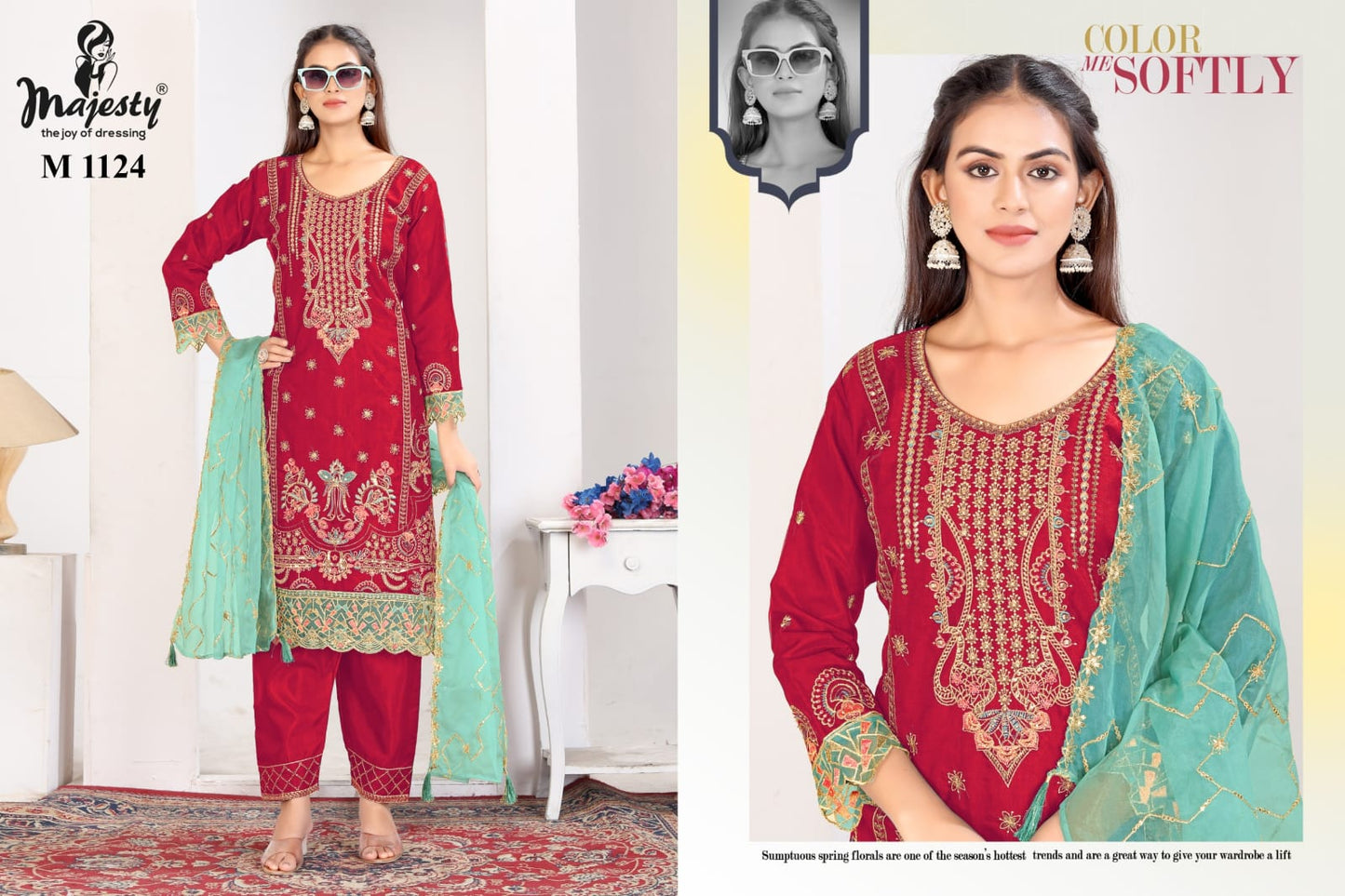 M 1121-1124 Majesty Organza Readymade Pant Style Suits Manufacturer India