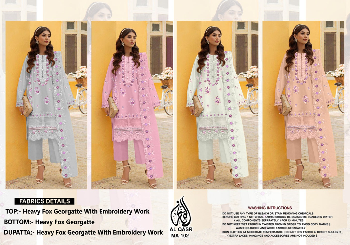 Ma-102 Al Qasr Faux Georgette Pakistani Readymade Suits Manufacturer Ahmedabad
