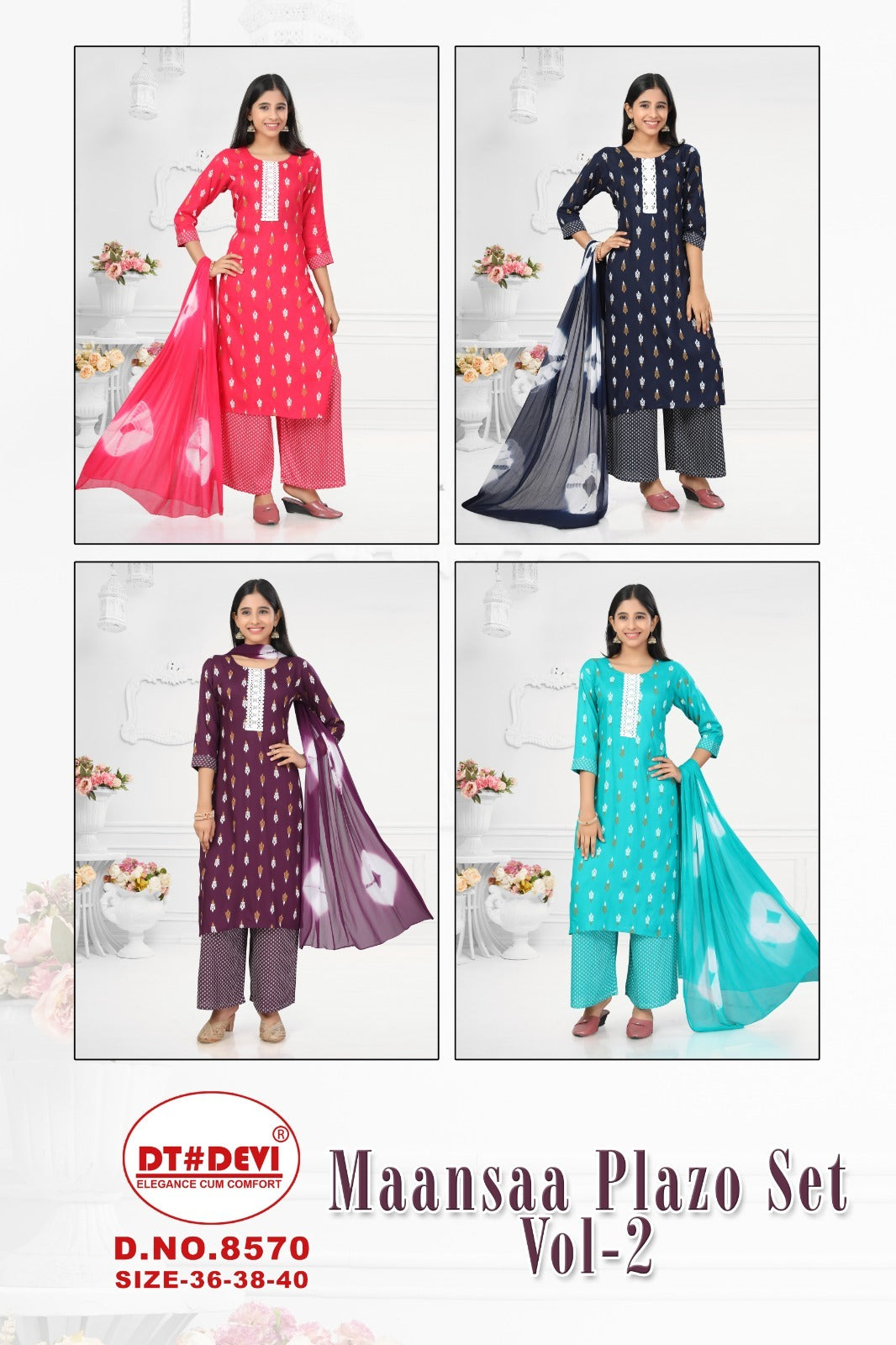 Maansaa Vol 2 8570 Dt Devi Rayon Readymade Plazzo Style Suits Exporter India