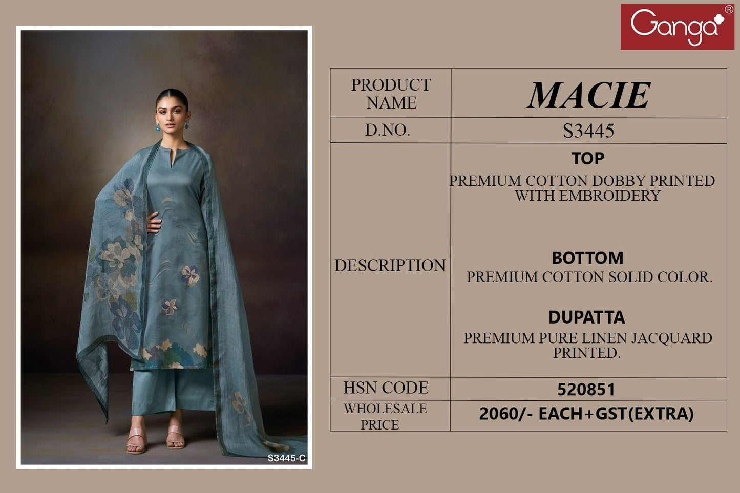 Macie S3445 Ganga Premium Cotton Plazzo Style Suits Wholesale Price
