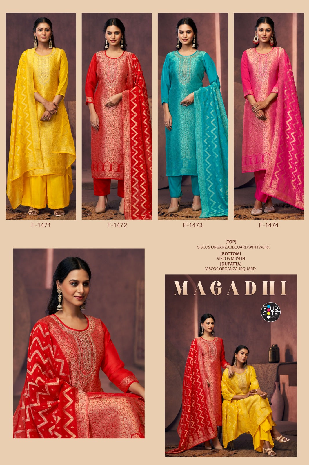 Magadhi Four Dots Viscose Organza Pant Style Suits Wholesale Rate