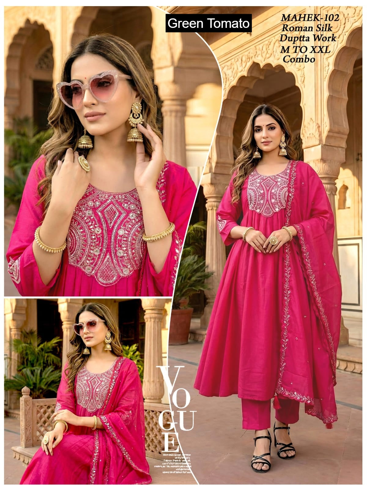 Mahek Green Tomato Roman Silk Readymade Anarkali Suits Wholesaler Gujarat