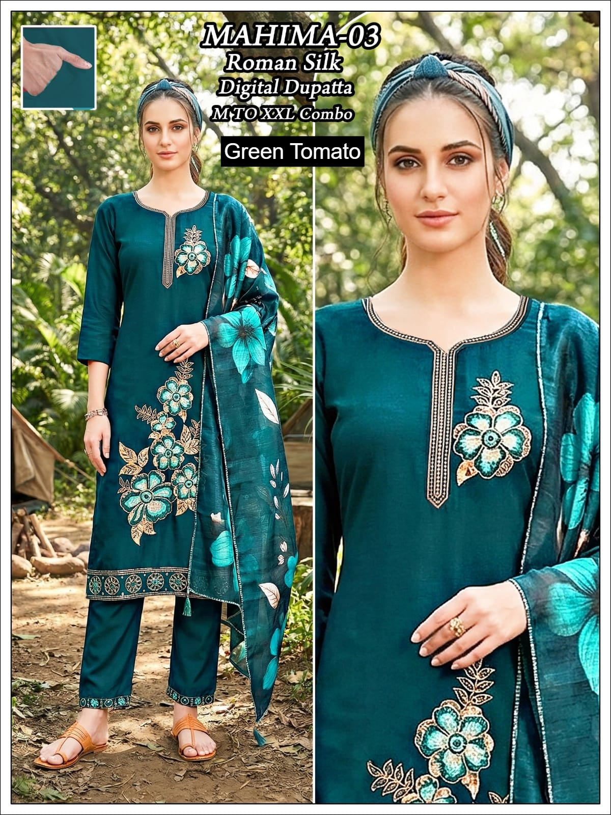 Mahima Green Tomato Roman Silk Readymade Pant Style Suits Exporter Gujarat