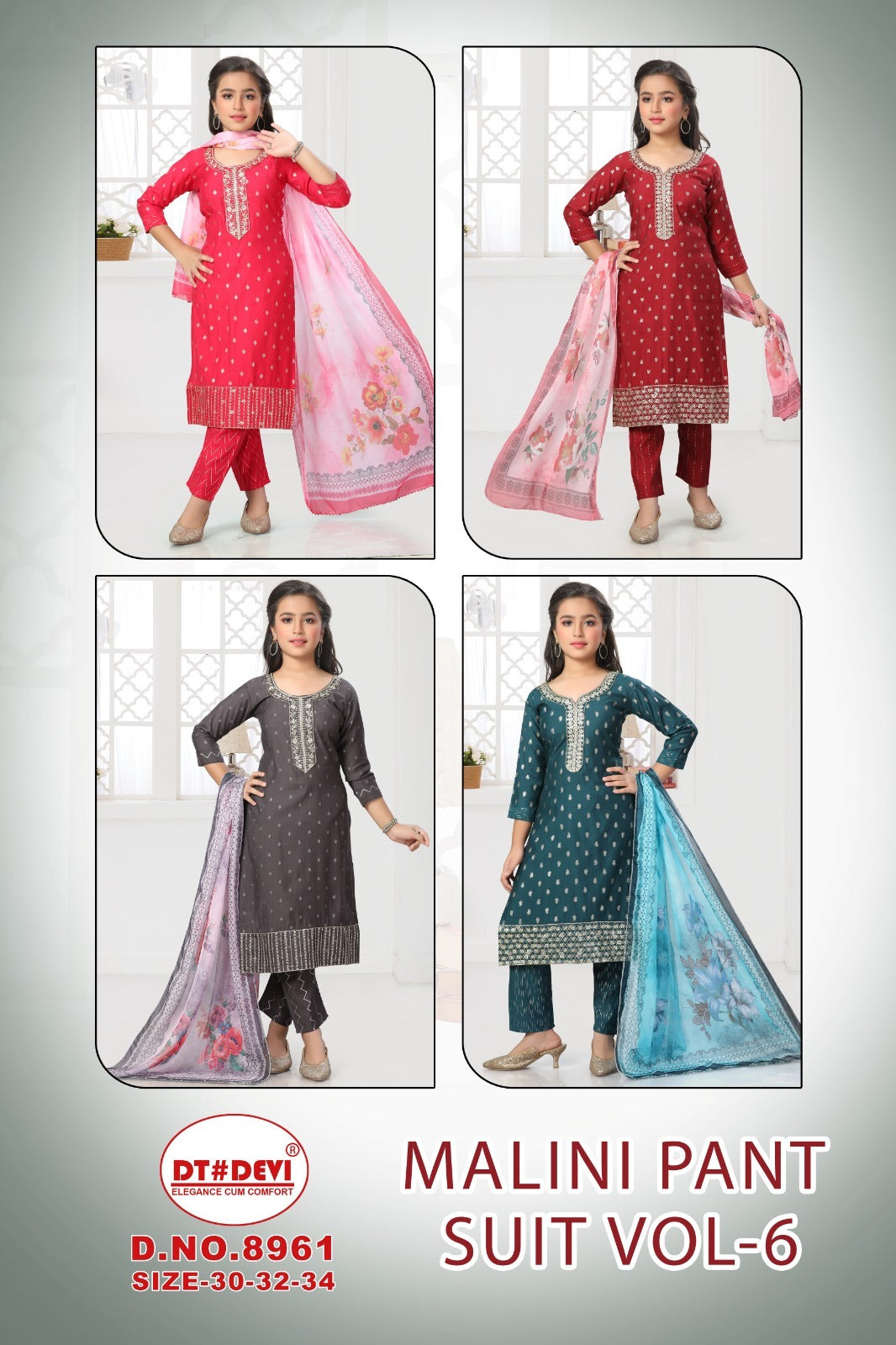 Malini Vol 6 Design 8961 Dt Devi Roman Girls Readymade Pant Suits Wholesale Rate