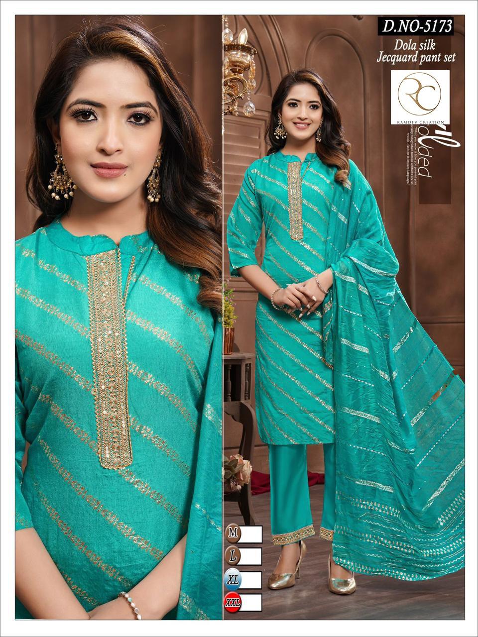 Mandarin Collar 1007 Ramdev Creation Silk Jacquard Readymade Pant Style Suits Wholesale
