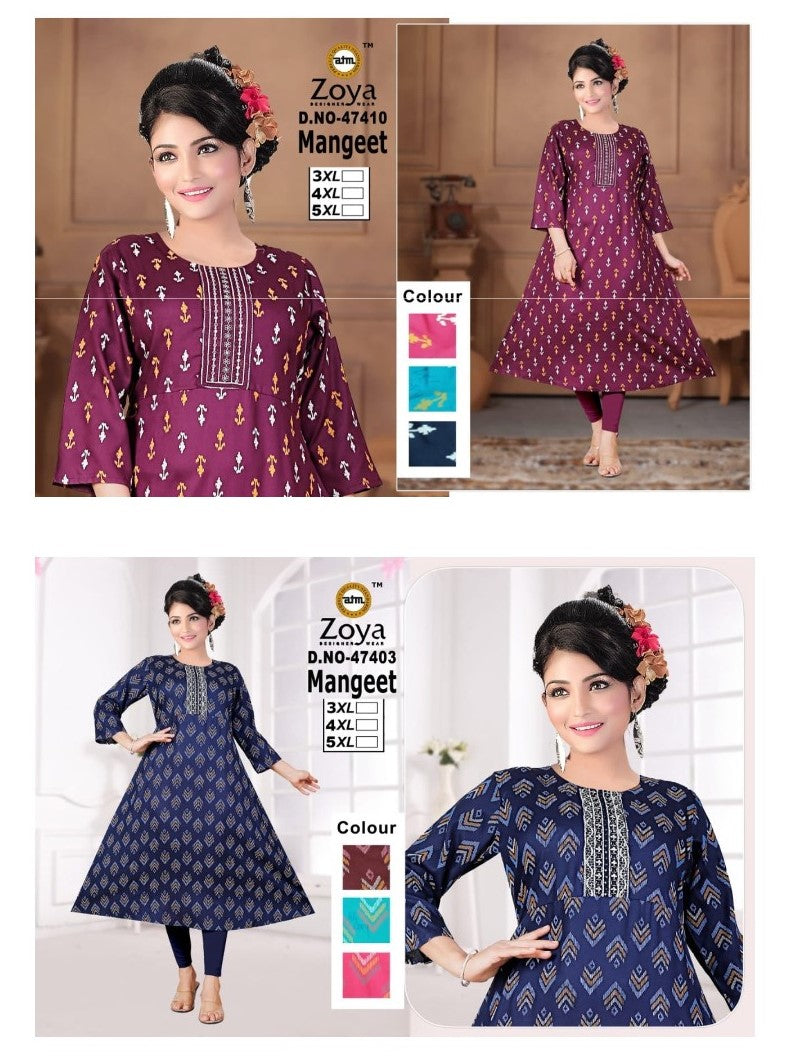 Mangeet Zoya Rayon Plus Size Kurtis Supplier Gujarat