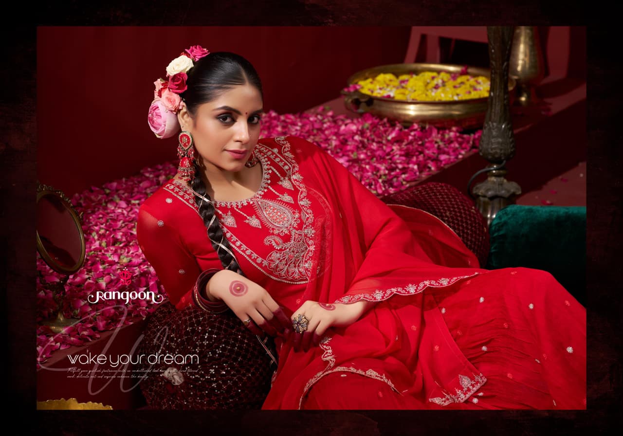 Manjari Rangoon Chiffon Readymade Plazzo Style Suits Supplier Ahmedabad