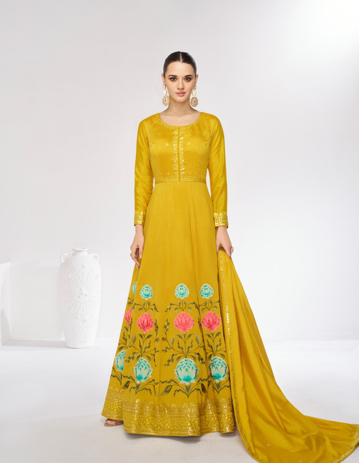 Marigold Aashirwad Creation Premium Silk Gown Dupatta Set