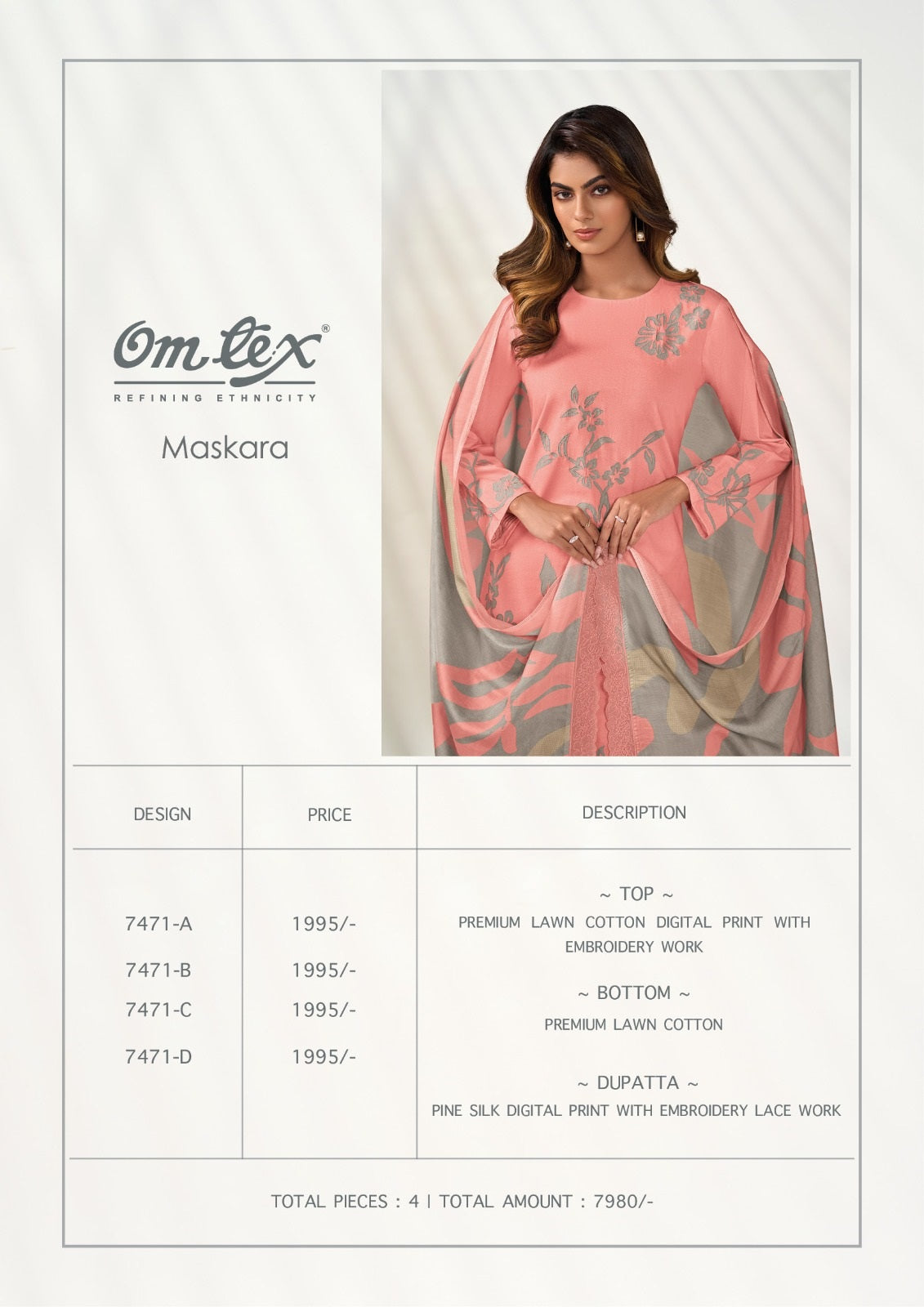 Maskara Omtex Lawn Cotton Pant Style Suits Exporter