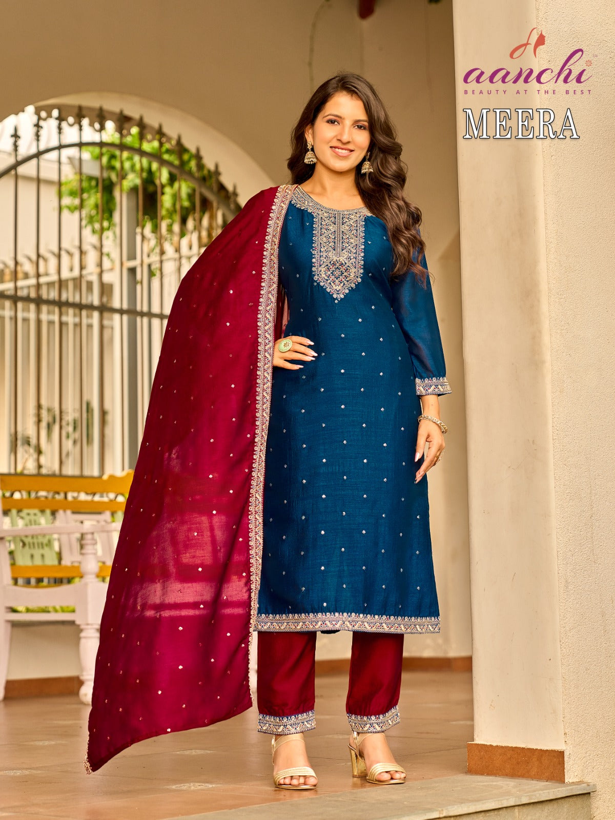 Meera Aanchi Vichitra Silk Readymade Pant Style Suits Wholesale Price