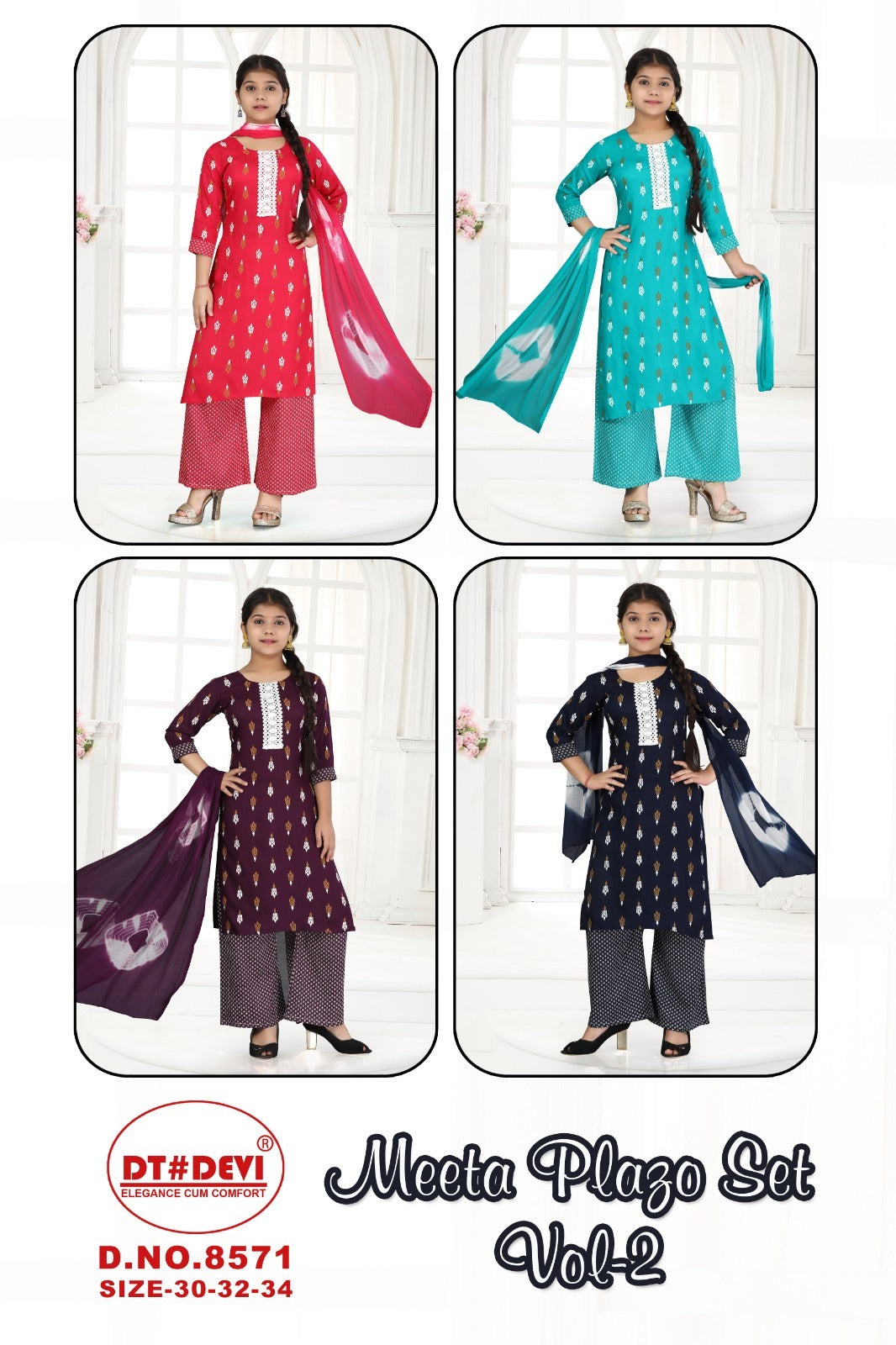 Meeta Vol 2 8571 Dt Devi Rayon Girls Readymade Palazzo Suits Wholesaler India