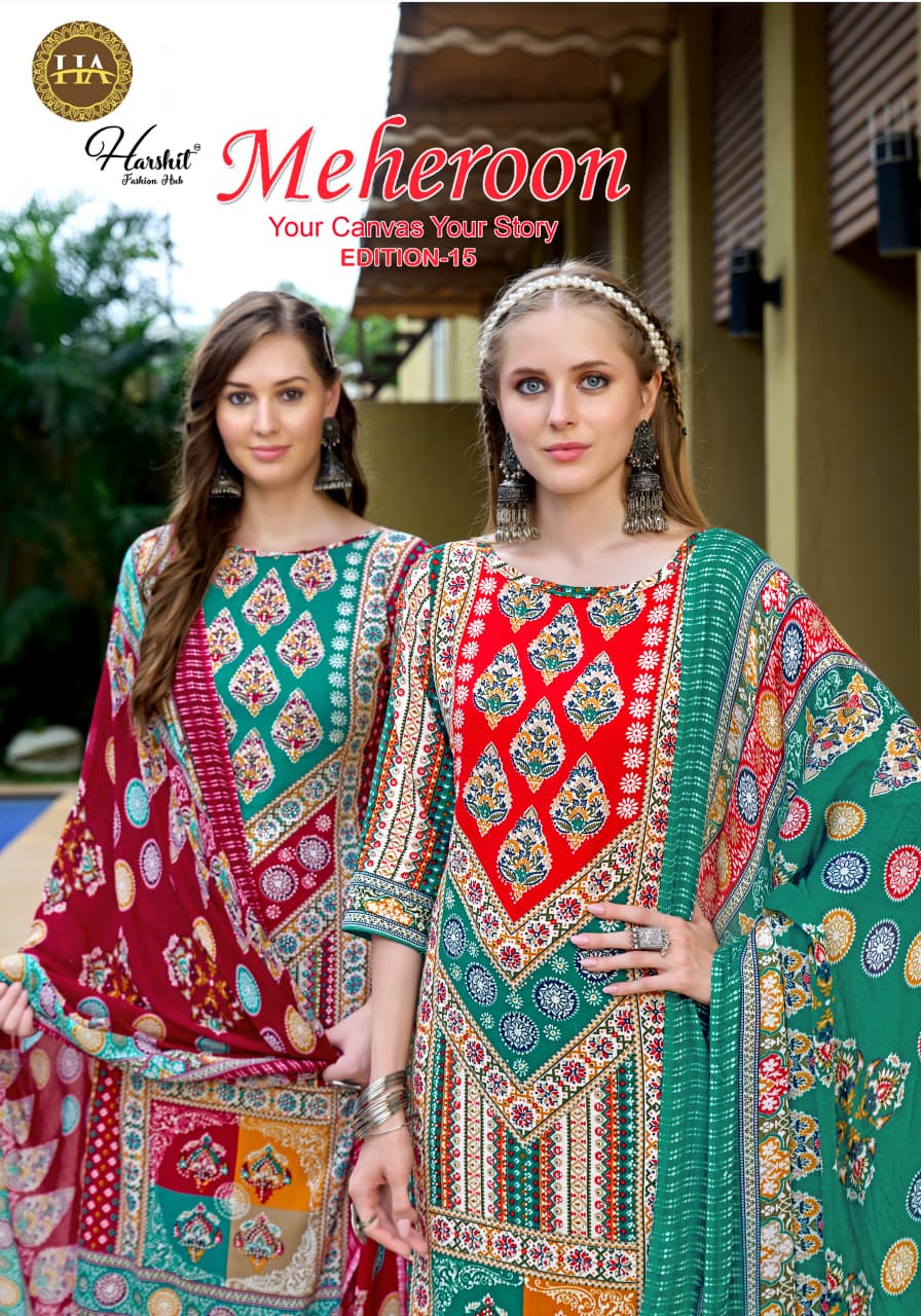 Meheroon Edition 15 Harshit Fashion Pure Viscose Karachi Salwar Suits Wholesaler