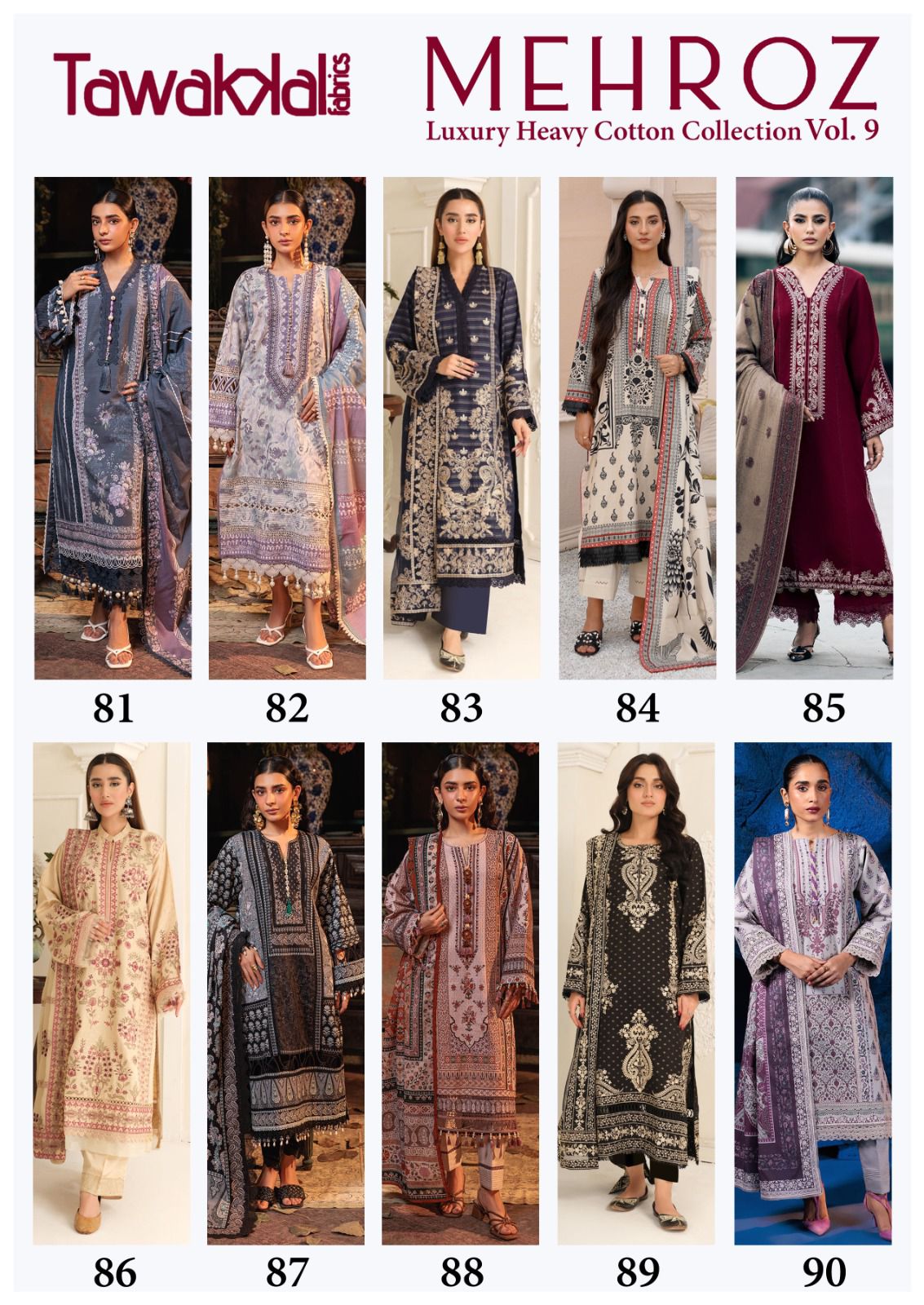 Mehroz Vol 9 Luxury Heavy Cotton Collection Tawakkal Fabrics Karachi Salwar Suits Wholesaler Gujarat